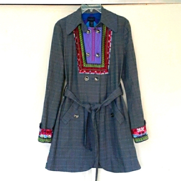 Custo Barcelona Vintage Plaid Double Breasted Belted Coat Embroidered Size 10 - Picture 3 of 16